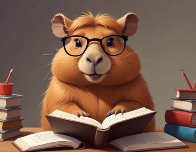 Capybara studying with glasses among books