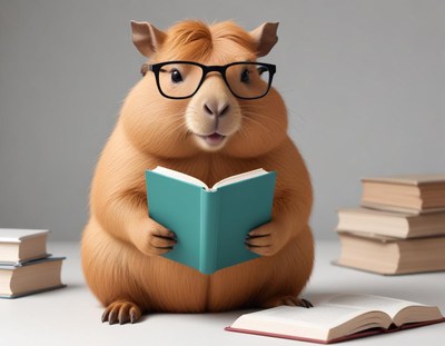 Capybara reading a book in a cozy study space