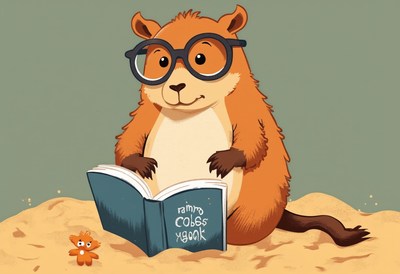 Cute animal reading a book in a sandy environment