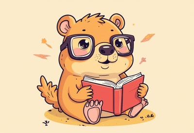 Cute bear cub reading a book in a cozy setting