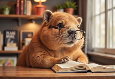 Cute animal reads book with glasses in cozy room