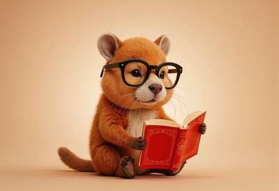 Cute creature reading a book with glasses