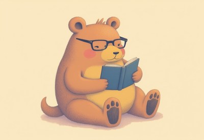 Cozy bear reads a book in a tranquil setting
