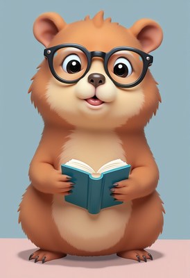 Cute cartoon hamster reading a book at home