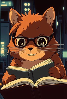 Cute cartoon animal reading a book in a city setting