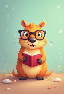 Cute animal reading book in whimsical setting
