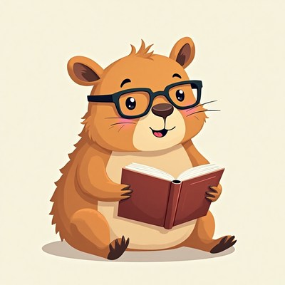 Cute animal reads a book with glasses in playful setting