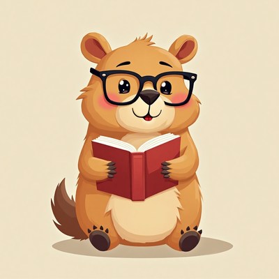 Cute cartoon animal reading a book with glasses