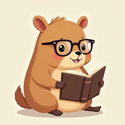 Cute cartoon animal reading a book in cozy setting