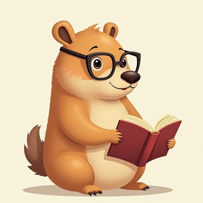 Cute animal reading a book in glasses and smiling