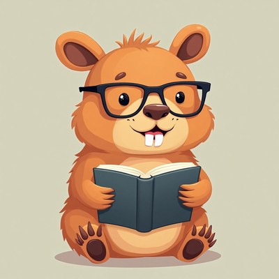 Cute cartoon beaver reading a book with glasses