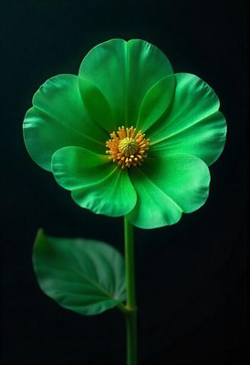 Bright green flower stands out against black background