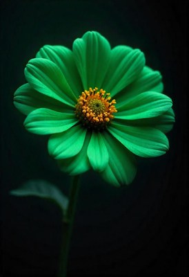 Vibrant green flower with yellow center in low light