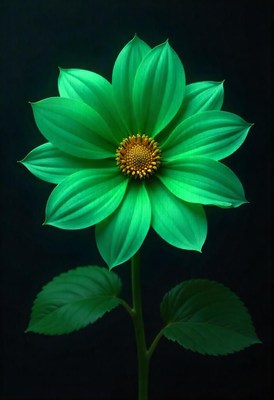 Vibrant green flower illuminated against dark background