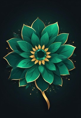 Vibrant green flower design with golden accents