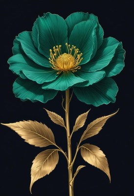 Elegant teal flower with golden leaves on a dark background