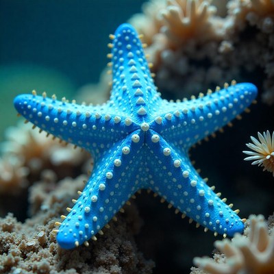 Blue starfish resting on coral reef during daylight