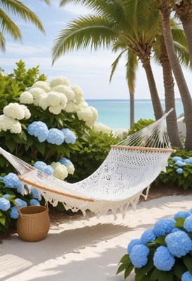 Relaxing under palm trees beside blue hydrangeas