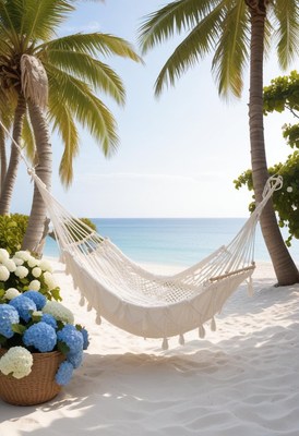 Relaxing hammock on a tropical beach with flowers nearby