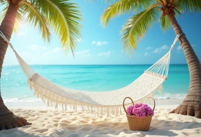 Relaxing hammock under palm trees by the ocean