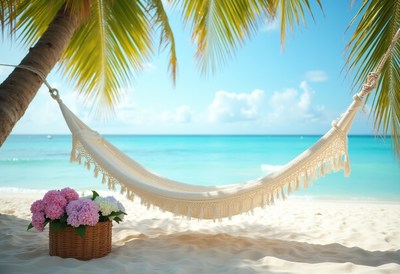 Relaxing in a hammock on a tropical beach with flowers