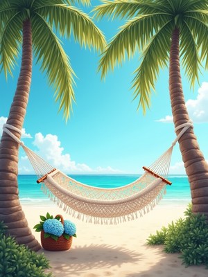 Relaxing in a hammock between two palm trees on the beach