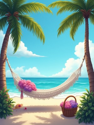 Sunny beach hammock with colorful flowers