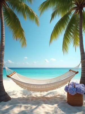 Hammock between palm trees on a sunny beach