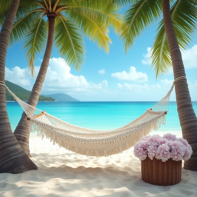 Relaxing hammock between palm trees at tropical beach
