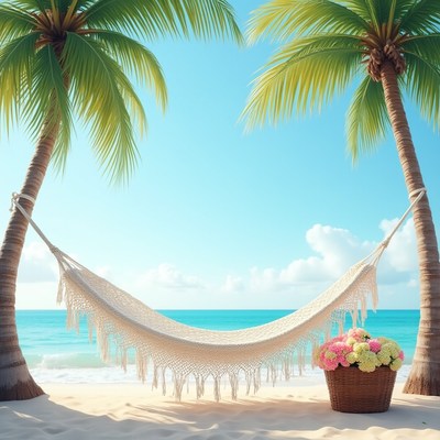 Relaxing hammock between palm trees by the ocean