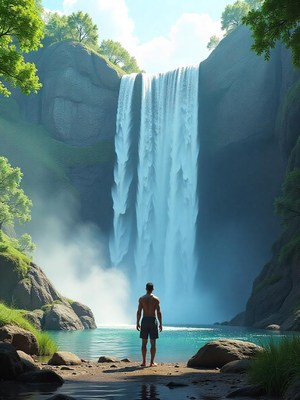 Majestic waterfall viewed from the shore at sunrise