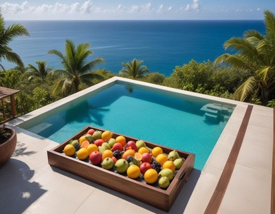 Fruit display by a serene pool overlooking the ocean