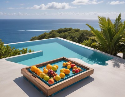 Fruit display near infinity pool with ocean view