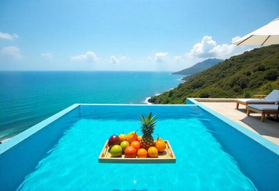 Poolside tropical retreat with ocean view and fruit