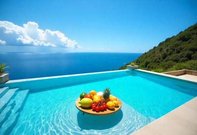 Refreshing poolside scene with fruit display at ocean view