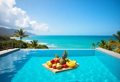 Tropical fruit display by a stunning ocean view pool