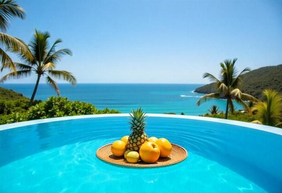 Tropical fruit arrangement beside serene ocean view