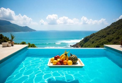 Fruit platter by the infinity pool overlooking the ocean