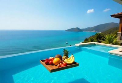 Relaxing poolside with tropical fruits and ocean view