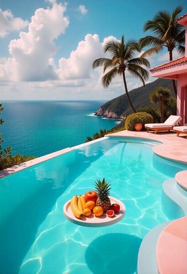 Stunning beachfront villa with tropical fruits in pool