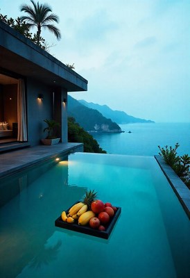 Relaxing evening by the infinity pool with fruit display