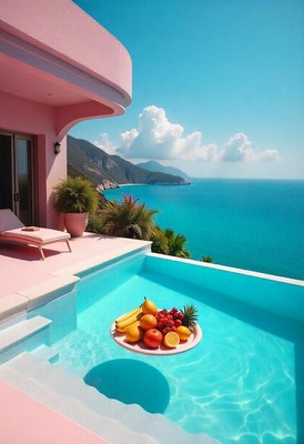 Relaxing at a luxurious villa with ocean view and fruit