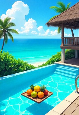 Bright tropical pool with fruit tray and ocean view