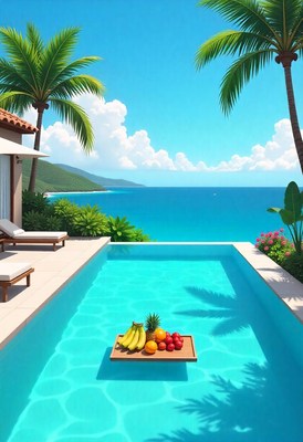Tropical poolside paradise with fresh fruit display