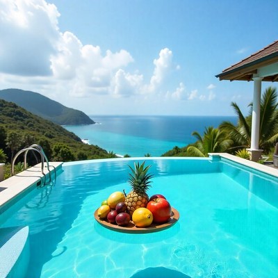 Enjoying fresh fruit by a luxurious pool with a view