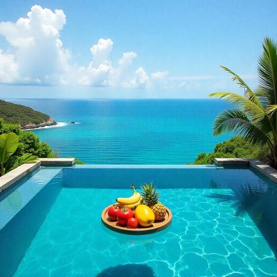 Beautiful tropical pool view with fresh fruits on platter