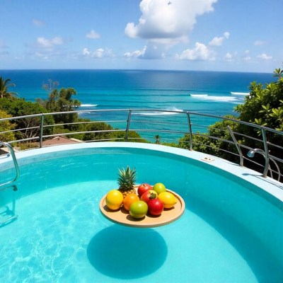 Relaxing poolside view with fresh fruit platter
