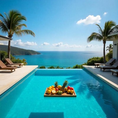Stunning tropical pool view with fresh fruit display