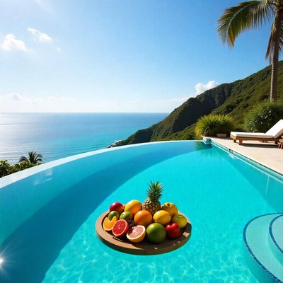 Fruit platter floating in a luxury pool with ocean view