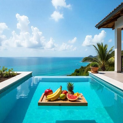 Relaxing poolside view with fresh fruit and ocean backdrop
